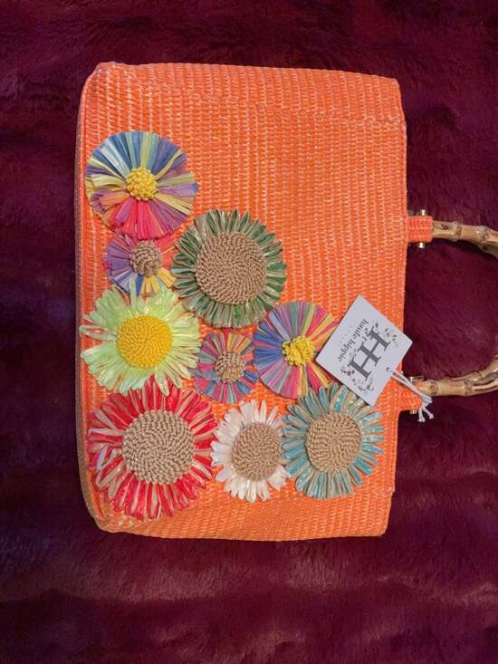 Haute Hippie Style Handbags - Haute Hippie Style Orange Woven Straw Floral Tote Bag A470